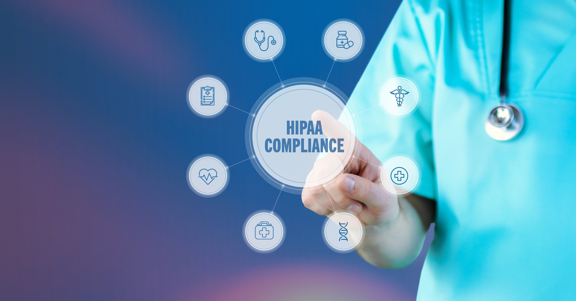 man in scrubs tapping HIPAA compliance button_498627924